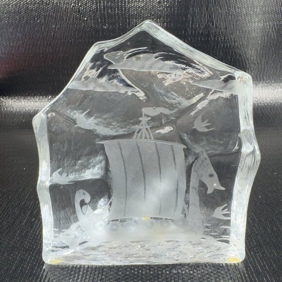Ice Block Paperweight Thick Heavy Viking Sailing Boat Etched Glass Figure VTG - Picture 9 of 9